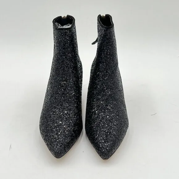 XYD Black Glitter Back Zips Ankle Boots Pointed Toe Low Thin Heel Fashion Ladies