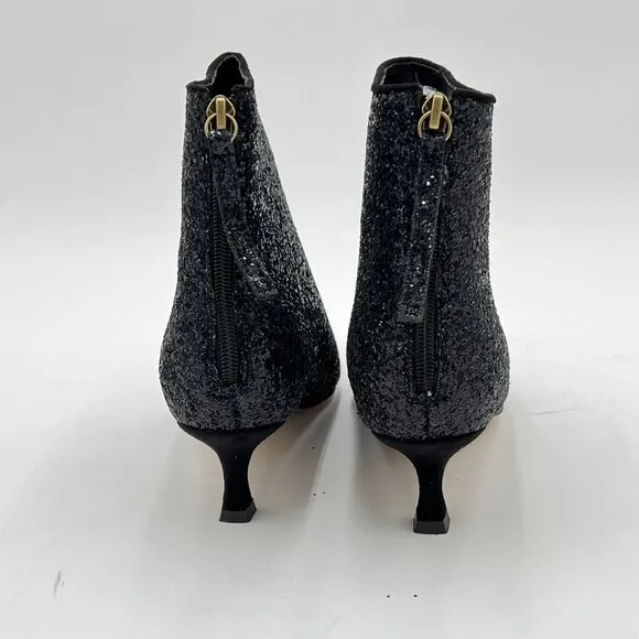 XYD Black Glitter Back Zips Ankle Boots Pointed Toe Low Thin Heel Fashion Ladies