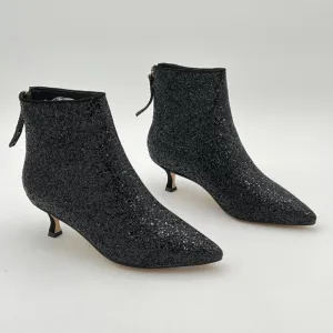XYD Black Glitter Back Zips Ankle Boots Pointed Toe Low Thin Heel Fashion Ladies
