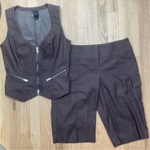 Y2K Vest &amp; Cargo Shorts Set Bisou Bisou 2-Piece Small Brown Bermuda Utility Edgy