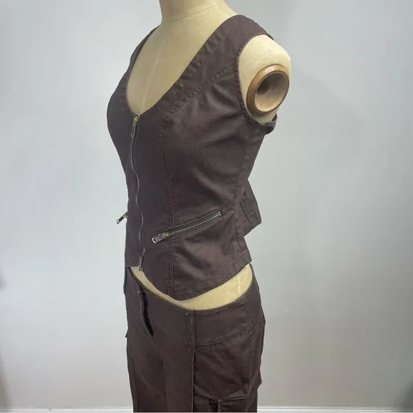 Y2K Vest &amp; Cargo Shorts Set Bisou Bisou 2-Piece Small Brown Bermuda Utility Edgy