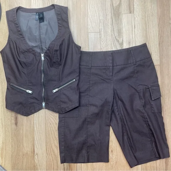 Y2K Vest &amp; Cargo Shorts Set Bisou Bisou 2-Piece Small Brown Bermuda Utility Edgy