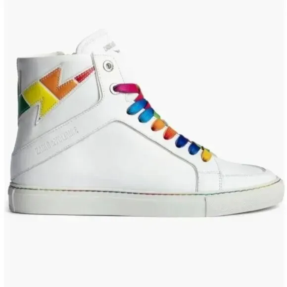 ZADIG &amp; VOLTAIRE Womens Size 37 High Flash Pride White Leather Sneakers Shoes