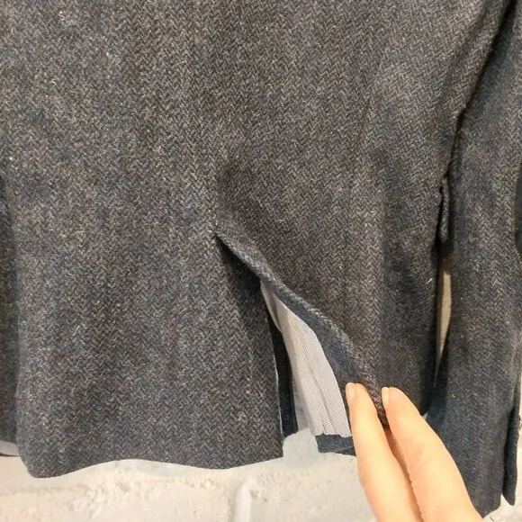 Zara 100% Lambswool Tweed Blazer Womens L Blue Elbow Patch Jacket Herringbone