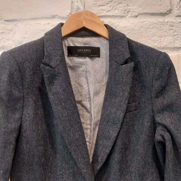 Zara 100% Lambswool Tweed Blazer Womens L Blue Elbow Patch Jacket Herringbone