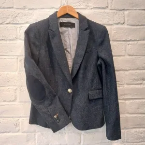 Zara 100% Lambswool Tweed Blazer Womens L Blue Elbow Patch Jacket Herringbone
