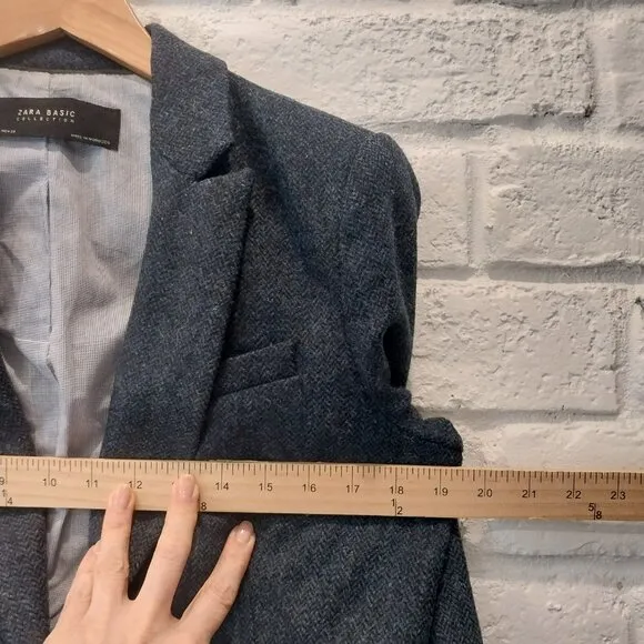 Zara 100% Lambswool Tweed Blazer Womens L Blue Elbow Patch Jacket Herringbone