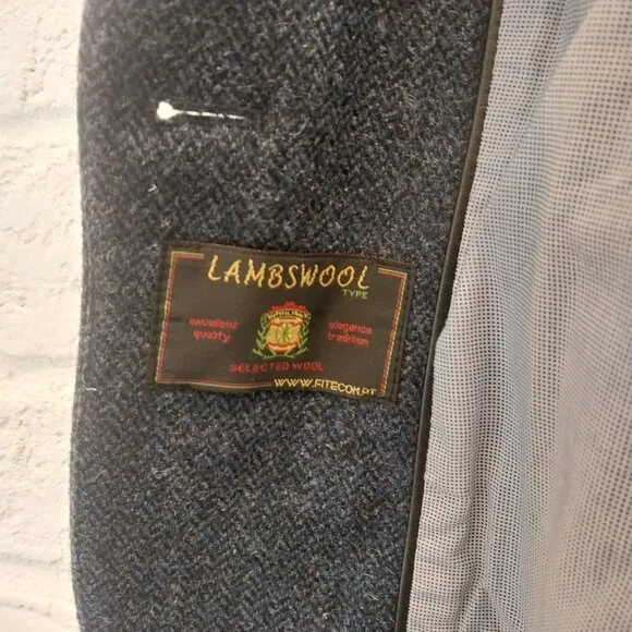 Zara 100% Lambswool Tweed Blazer Womens L Blue Elbow Patch Jacket Herringbone