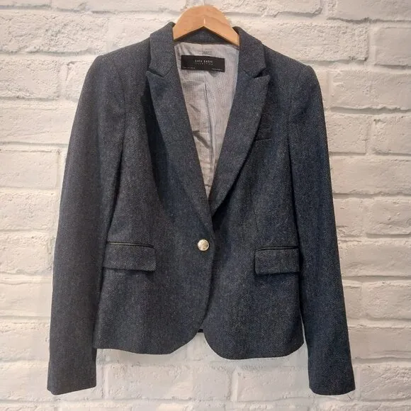 Zara 100% Lambswool Tweed Blazer Womens L Blue Elbow Patch Jacket Herringbone