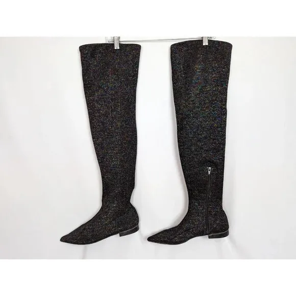 ZARA 7.5 Point toe Black Multicolored Metallic Over the Knee Boot Thigh High