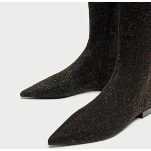 ZARA 7.5 Point toe Black Multicolored Metallic Over the Knee Boot Thigh High