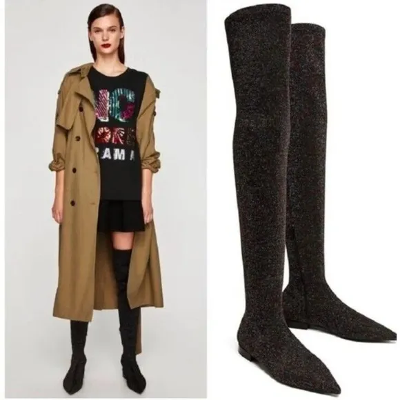 ZARA 7.5 Point toe Black Multicolored Metallic Over the Knee Boot Thigh High