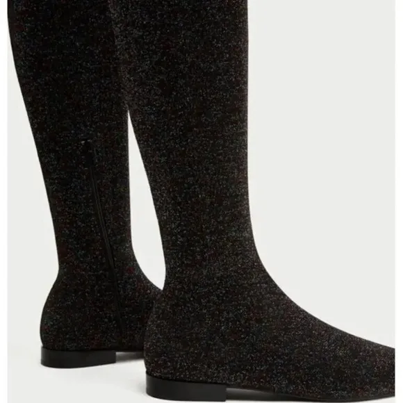ZARA 7.5 Point toe Black Multicolored Metallic Over the Knee Boot Thigh High