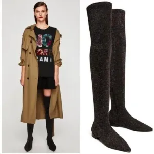 ZARA 7.5 Point toe Black Multicolored Metallic Over the Knee Boot Thigh High