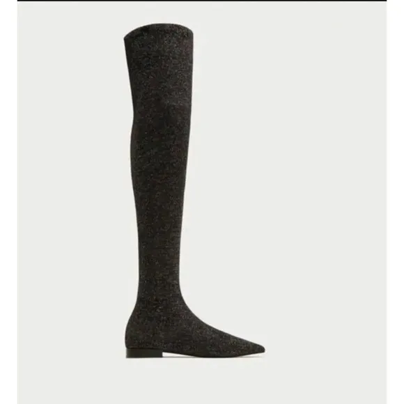 ZARA 7.5 Point toe Black Multicolored Metallic Over the Knee Boot Thigh High