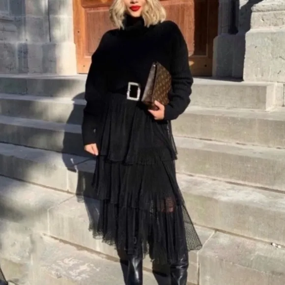 ZARA Black Swiss Polka Dot Velvet Mesh Net Tiered Ruffle Midi Skirt