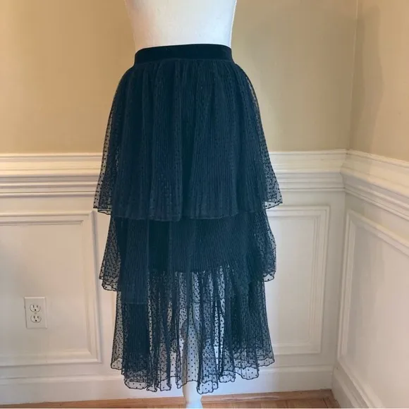 ZARA Black Swiss Polka Dot Velvet Mesh Net Tiered Ruffle Midi Skirt