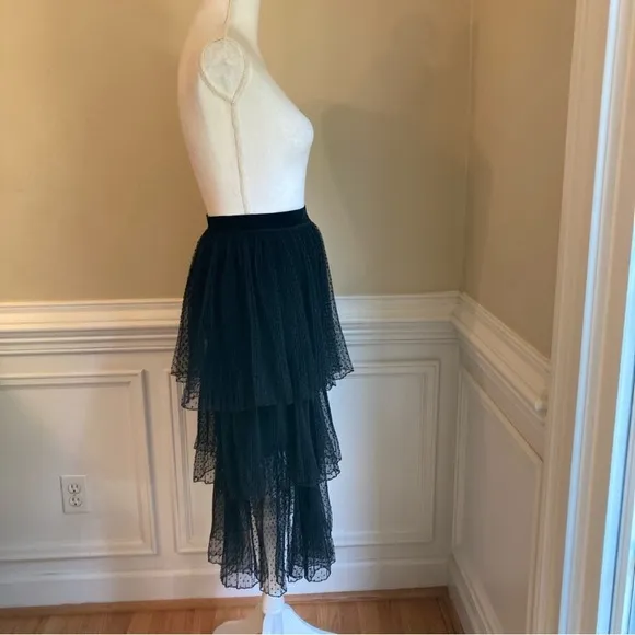 ZARA Black Swiss Polka Dot Velvet Mesh Net Tiered Ruffle Midi Skirt