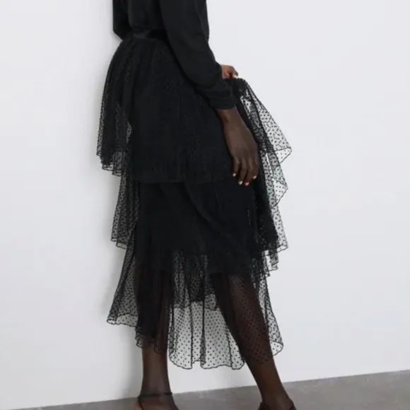 ZARA Black Swiss Polka Dot Velvet Mesh Net Tiered Ruffle Midi Skirt
