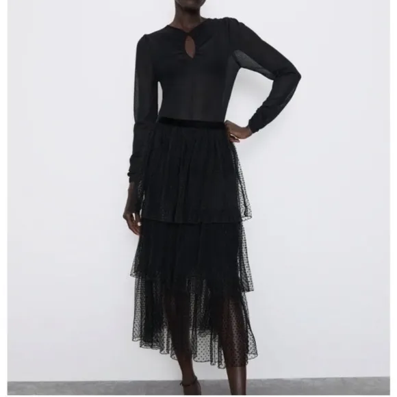 ZARA Black Swiss Polka Dot Velvet Mesh Net Tiered Ruffle Midi Skirt