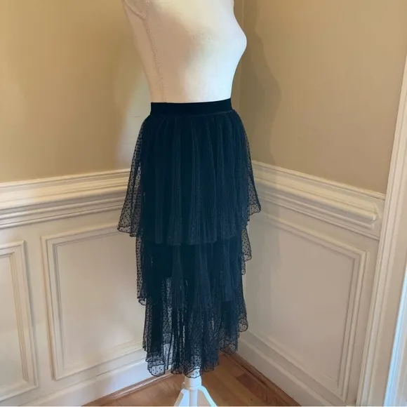 ZARA Black Swiss Polka Dot Velvet Mesh Net Tiered Ruffle Midi Skirt