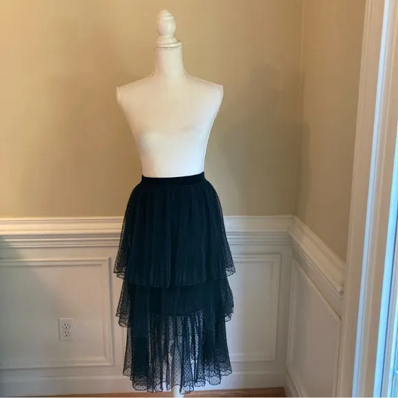 ZARA Black Swiss Polka Dot Velvet Mesh Net Tiered Ruffle Midi Skirt