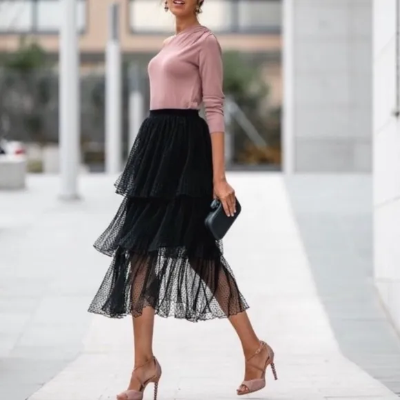 ZARA Black Swiss Polka Dot Velvet Mesh Net Tiered Ruffle Midi Skirt
