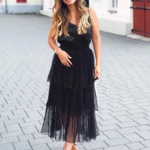 ZARA Black Swiss Polka Dot Velvet Mesh Net Tiered Ruffle Midi Skirt