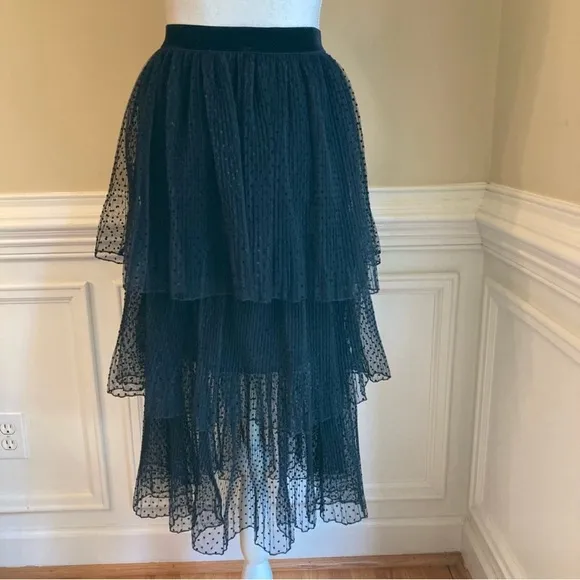 ZARA Black Swiss Polka Dot Velvet Mesh Net Tiered Ruffle Midi Skirt