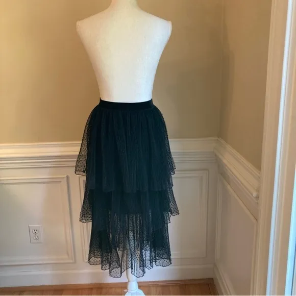 ZARA Black Swiss Polka Dot Velvet Mesh Net Tiered Ruffle Midi Skirt