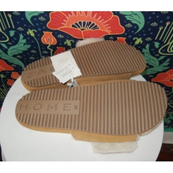 Zara Home Brown Suede Big Buckle Faux Fur Slides Sandals Shoes 39