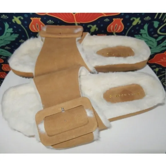 Zara Home Brown Suede Big Buckle Faux Fur Slides Sandals Shoes 39