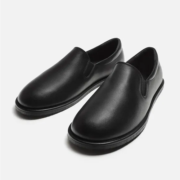 Zara Men Laceless Leather Shoes Black NWT