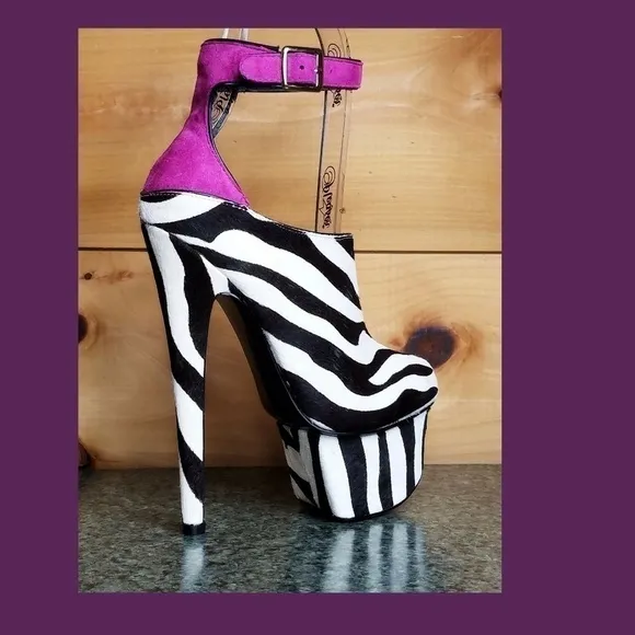 Zebra pony  mohair fur 6.75&quot; High Heel Platform Shoes