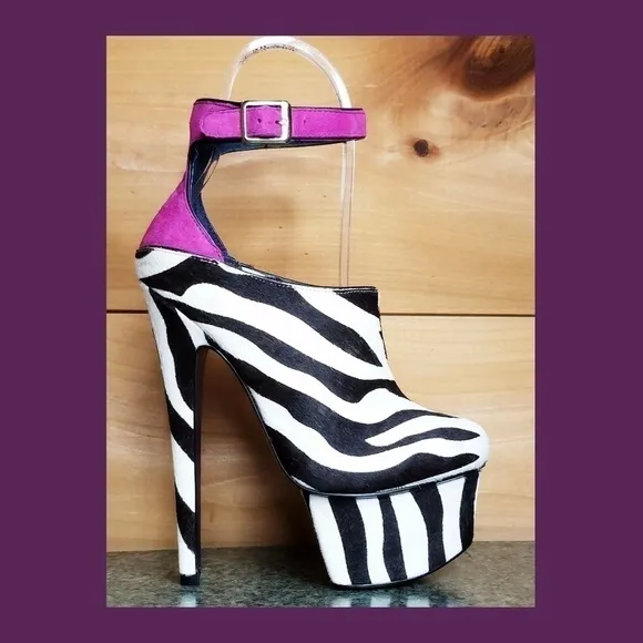 Zebra pony  mohair fur 6.75&quot; High Heel Platform Shoes