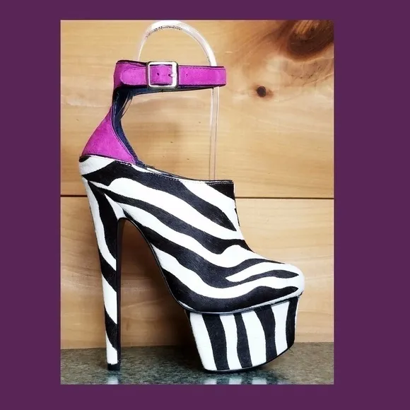 Zebra pony  mohair fur 6.75&quot; High Heel Platform Shoes