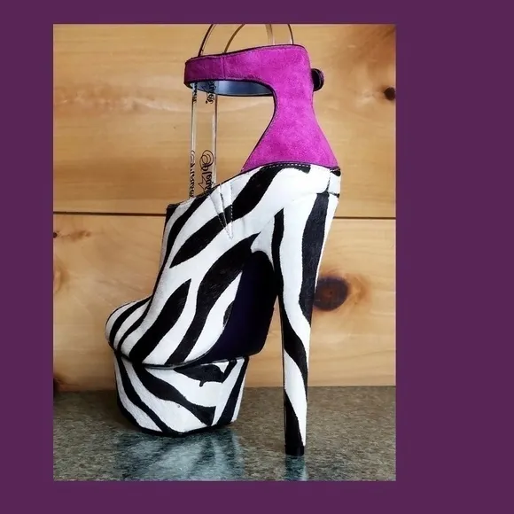 Zebra pony  mohair fur 6.75&quot; High Heel Platform Shoes