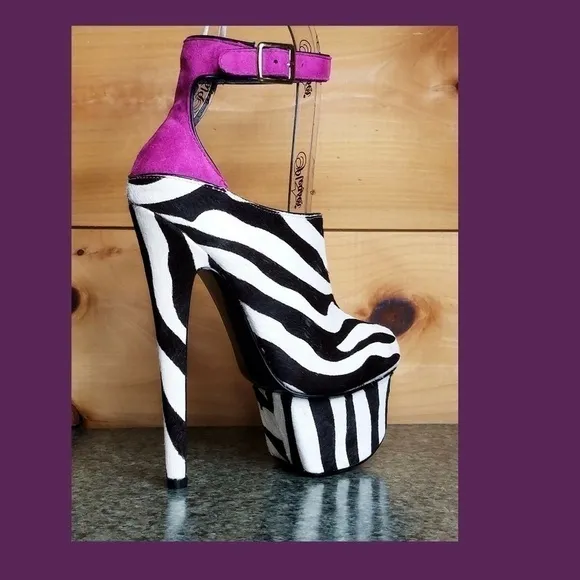 Zebra pony real fur mohair 6.75&quot; High Heel Platform Shoes