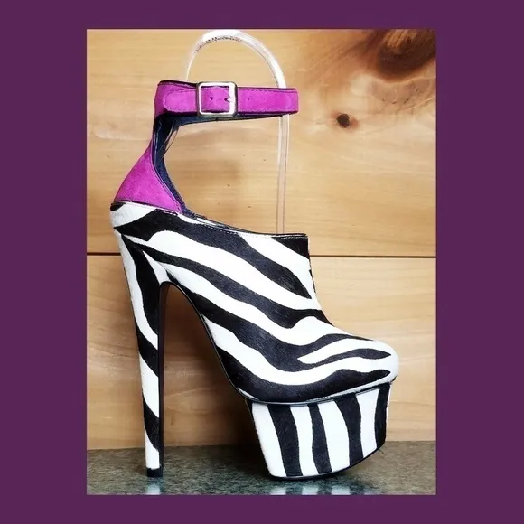 Zebra pony real fur mohair 6.75&quot; High Heel Platform Shoes