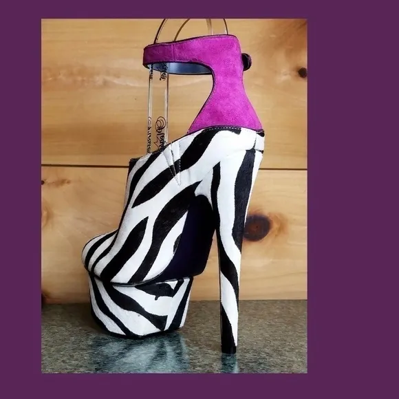 Zebra pony real fur mohair 6.75&quot; High Heel Platform Shoes