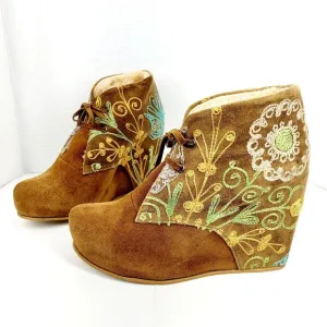 Zeyzani Boots Embroidered Wedge Platform Floral Suede Bootie Fur  EU 40 US 9-9.5