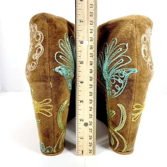Zeyzani Boots Embroidered Wedge Platform Floral Suede Bootie Fur  EU 40 US 9-9.5