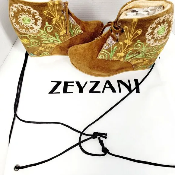 Zeyzani Boots Embroidered Wedge Platform Floral Suede Bootie Fur  EU 40 US 9-9.5