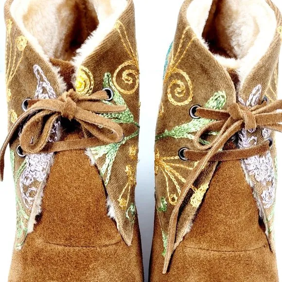 Zeyzani Boots Embroidered Wedge Platform Floral Suede Bootie Fur  EU 40 US 9-9.5