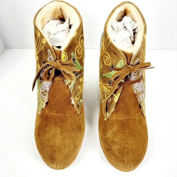 Zeyzani Boots Embroidered Wedge Platform Floral Suede Bootie Fur  EU 40 US 9-9.5