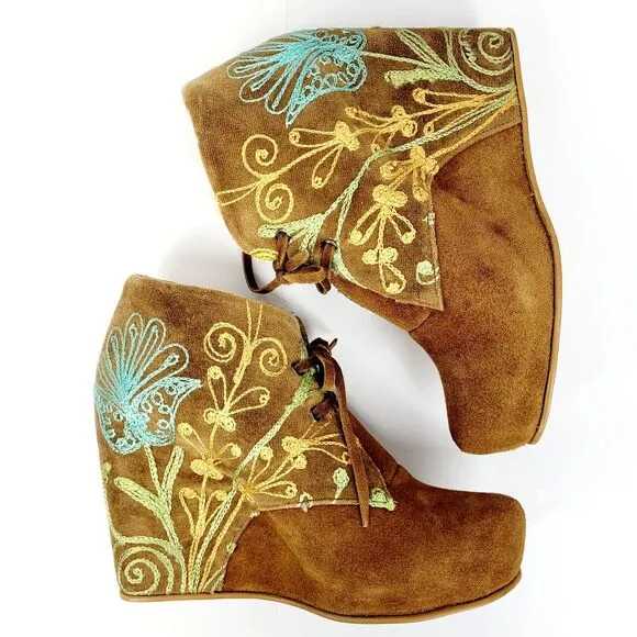 Zeyzani Boots Embroidered Wedge Platform Floral Suede Bootie Fur  EU 40 US 9-9.5