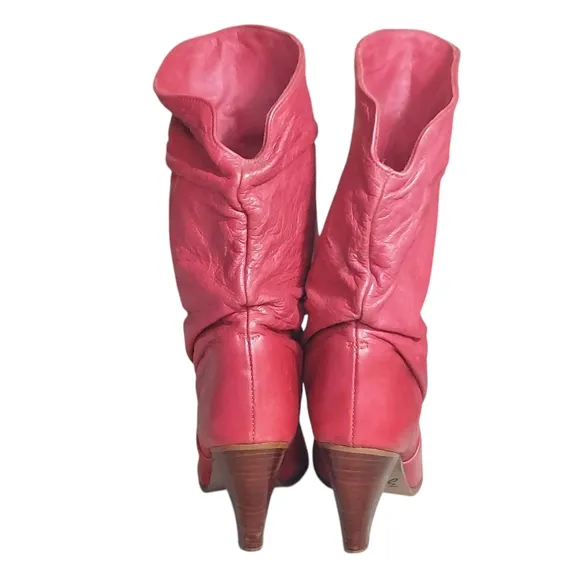 Zodiac Vintage Red Slouchy Leather  Heeled Boots with Tapered Heel