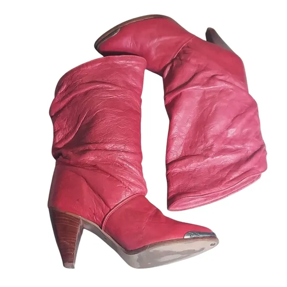 Zodiac Vintage Red Slouchy Leather  Heeled Boots with Tapered Heel