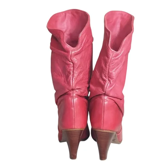 Zodiac Vintage Red Slouchy Leather  Heeled Boots with Tapered Heel