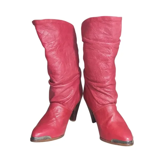 Zodiac Vintage Red Slouchy Leather  Heeled Boots with Tapered Heel